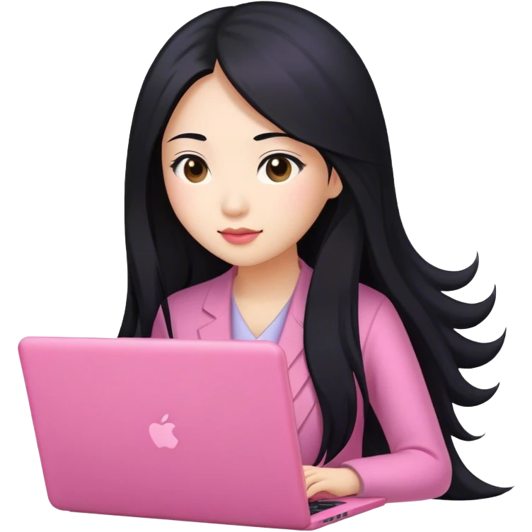 Long hair asian woman working on pink laptop emoji