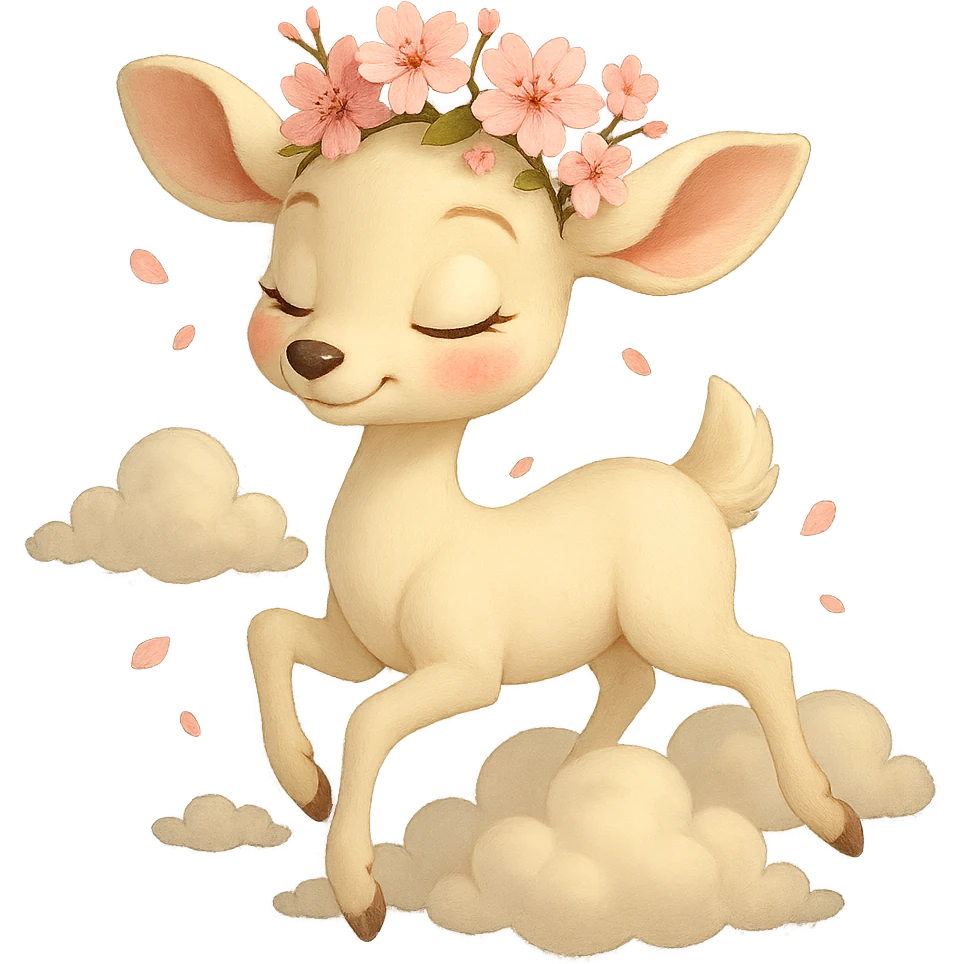 Pixar-inspired feminine vanilla cloud doe, rosy cheeks, cherry blossom crown, floating gracefully emoji