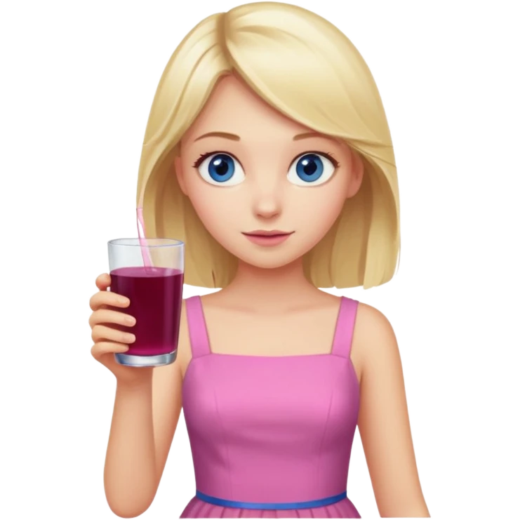 blonde girl with blue eyes in a pink dress holding a glass of elderberry juice emoji