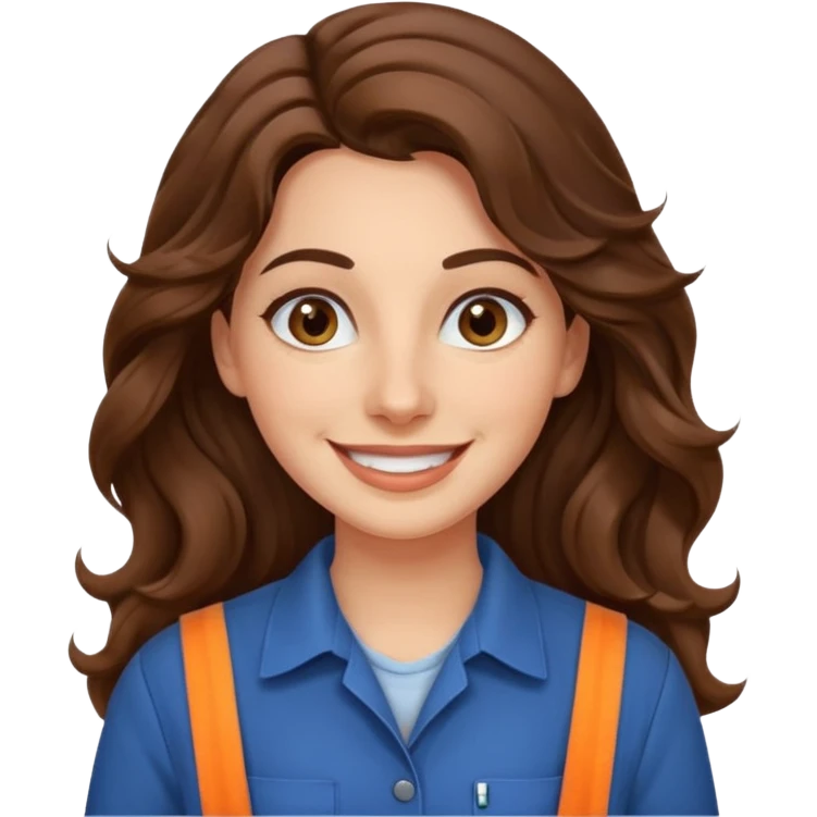 30 yr old italian woman, long brown wavy hair, big brown eyes, huge smile, work clothes, no bangs,  emoji