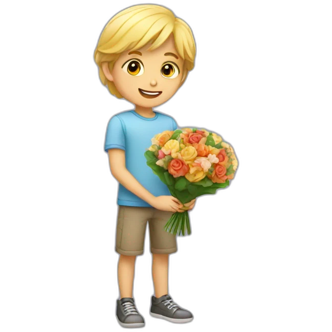 A boy who offers a bouquet of flowers to a pretty blonde emoji