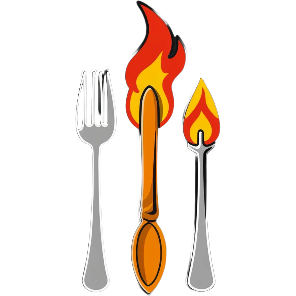 burning spoon fork and knife crossed together, kitchen utensils on fire with flames emoji