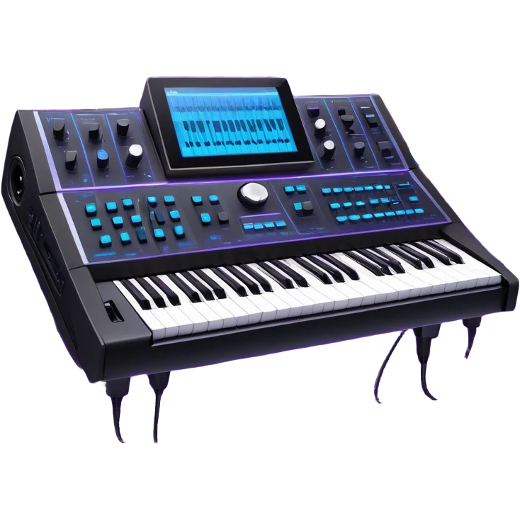 Create a professional and artistic emoji that represents sound design. The design should feature essential sound design equipment, including a high-end Korg synthesizer, a sound mixing console with visible wires, large studio speakers, and a microphone. Surround the equipment with flowing, abstract sound waves and musical notes to symbolize the fluid, creative nature of sound design. Add subtle effects like glowing sound frequencies or swirling patterns to represent the dynamic manipulation of sound. Use sleek, modern colors like black, silver, neon blue, and purple to evoke a sense of innovation and artistic exploration. The background should be transparent. emoji