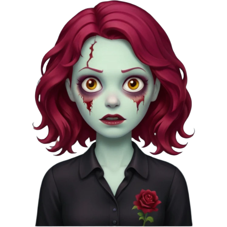 Faça me um emoji de um zumbi mulher de cabelos vermelho borgonha ondulado usando uma blusa preta emoji