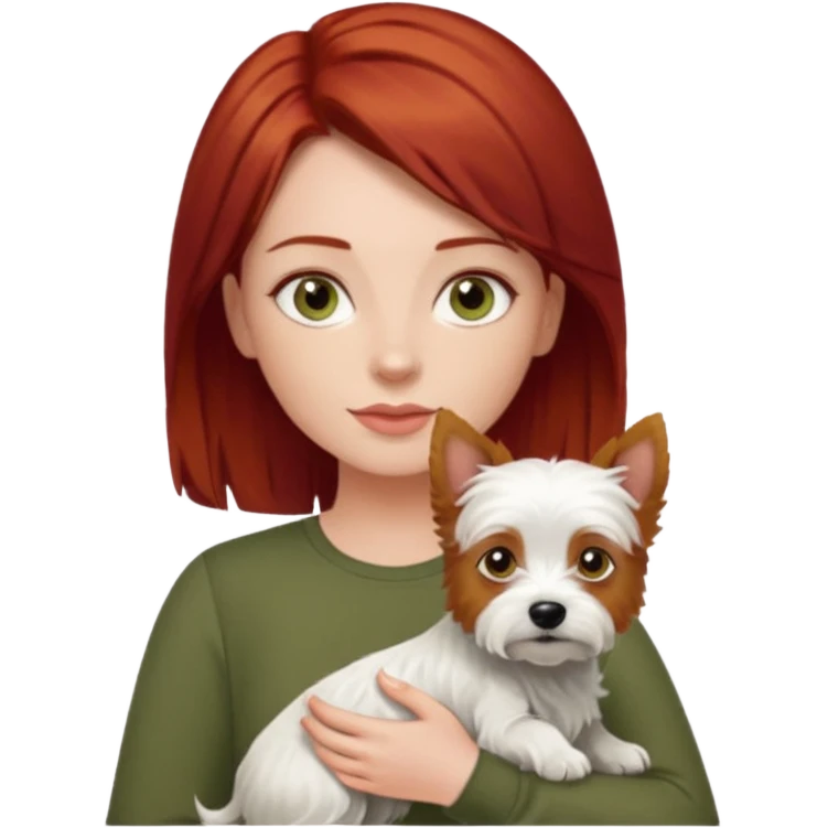 Westie dog being held by woman with dark shoulder length red hair and hazel eye wearing olive green top emoji