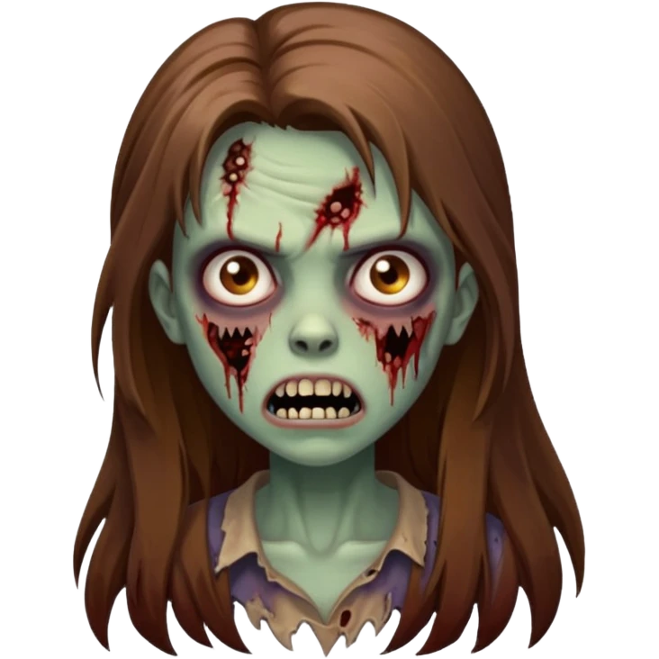 Girl zombie with brown long hair with teeth and serious face  emoji