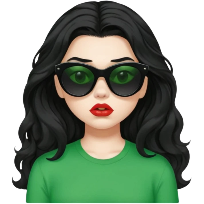 current charli xcx with her long black wavy hair, thick black-out sunglasses that hide her eyes completely, pale skin, pouting closed lips, and a bright green top that said 'brat' in the brat font. emoji