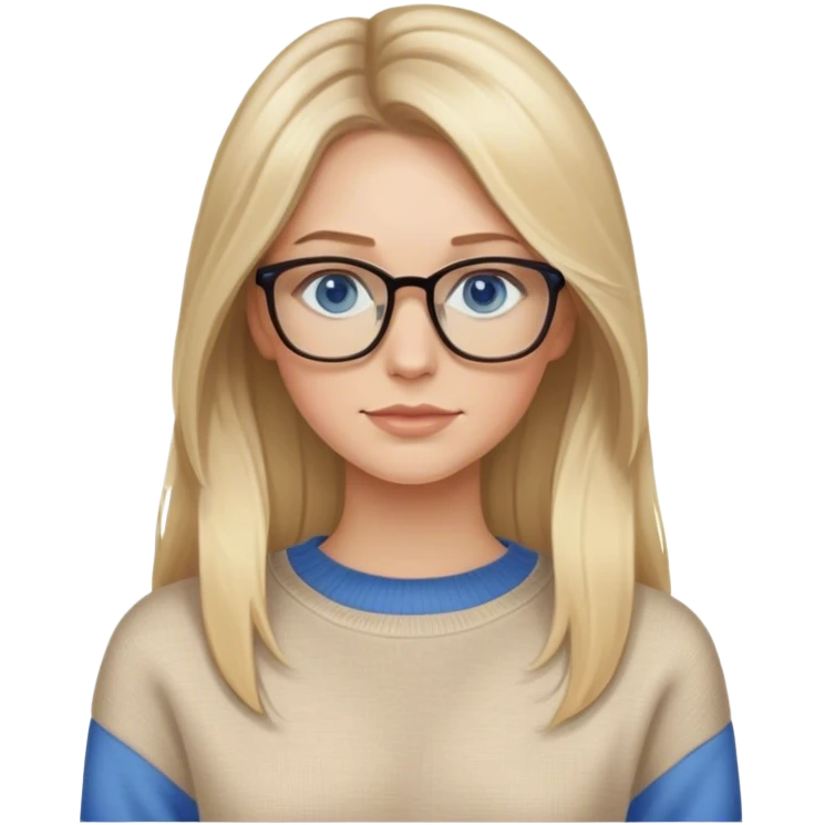 White women, long blonde balayage hair, no smile, beige sweater, blue eyes and glasses  emoji