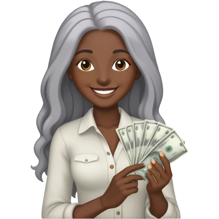 smiling dark black woman with long grey hair holding cash emoji