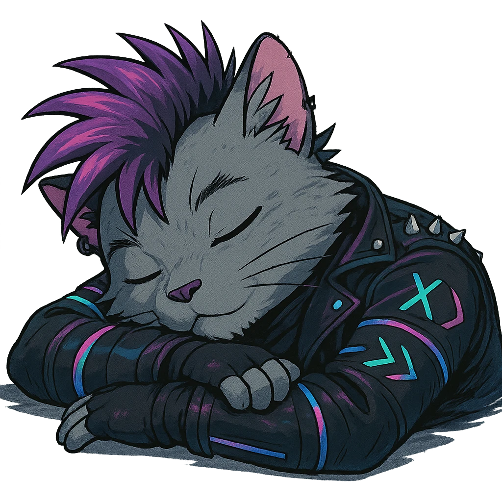  a anthro cat laying down his head to nap, punk gothic style, futuristic cyberwave cyberpunk, resting his head on his arms, head tilted sideways, light gray cata emoji