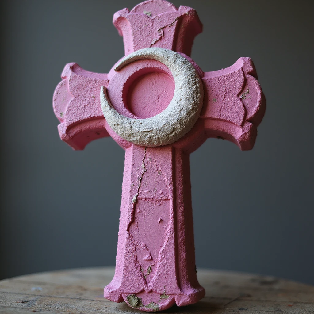 realistic gothic cross, pink with a crescent moon, photorealistic style, no background emoji