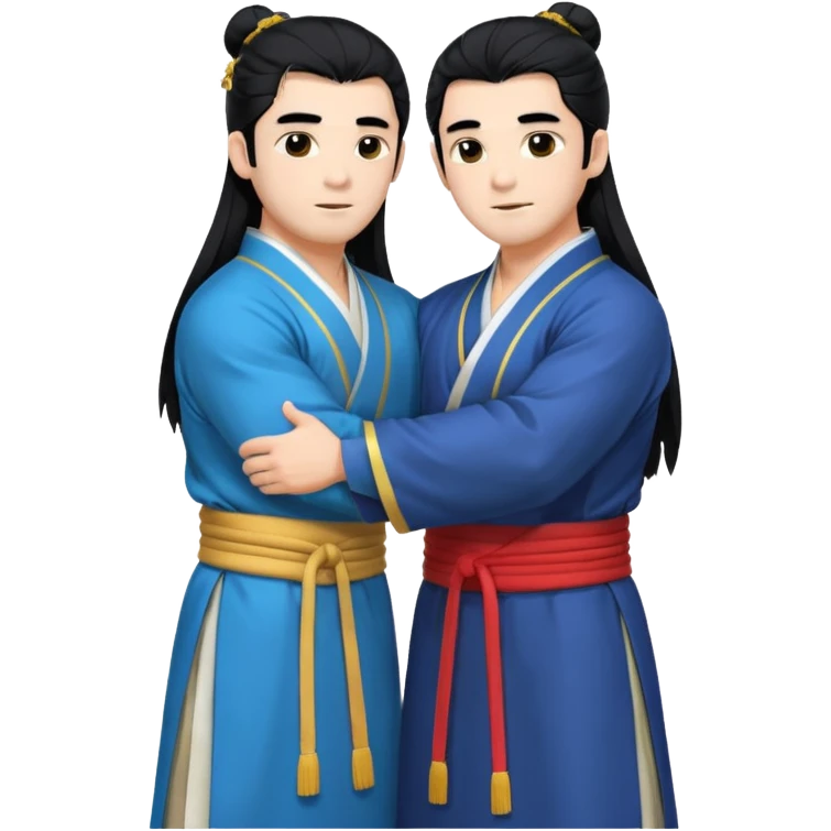 two muscled guys hugging in hanfu clothes, long hair emoji