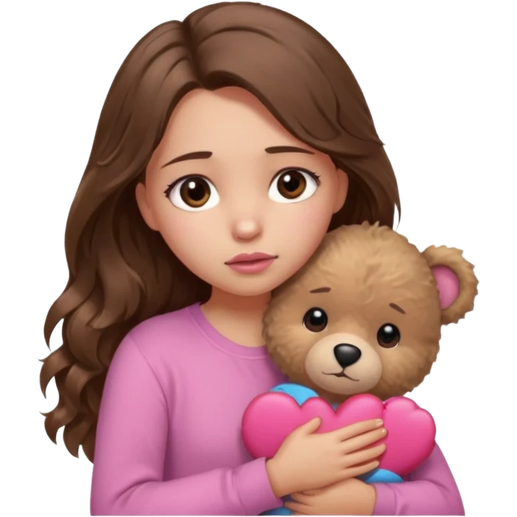 girl with long wavy brown hair, brown eyes, light to medium complexion, in a pink shirt, pink lips, long lashes, sad crying , hugging a teddy bear with a  heart emoji