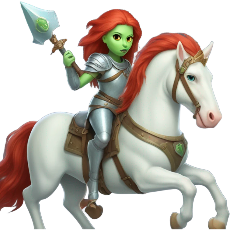 medieval shield: [politically incorrect, (
	{ female, alien, color: light green, hair:red, eyes:cat} ]
	on a 
	[{ unicorn: white, legged:four, mane: light blue }]) emoji