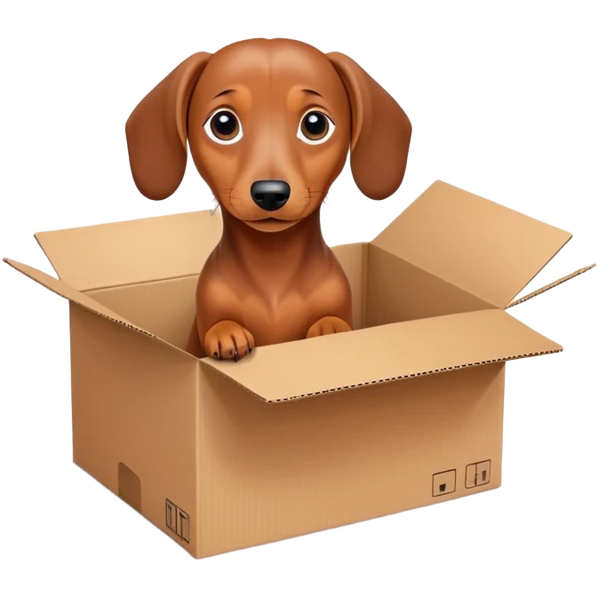 A very cute young Dachshund  with one's head tilted to one side poked its paws out of the cardboard big box and placed them on top of it emoji