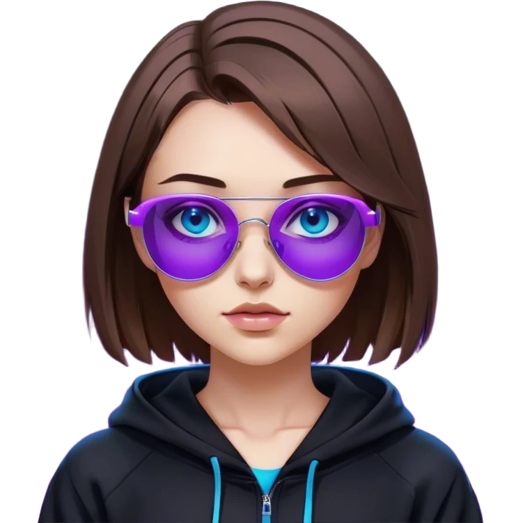 
girl with brown bob and blue eyes in a black hoodie and sunglasses. Cyberpunk style. Violet neon. emoji