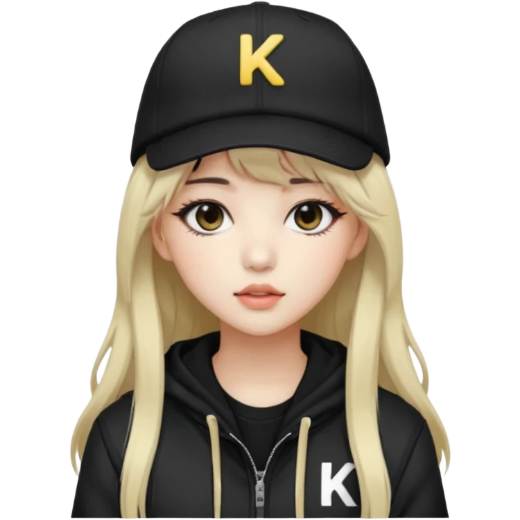 Portrait of a female K-pop idol, wearing a stylish streetwear outfit with layered clothing, long hair with bangs, makeup, wearing a black cap emoji