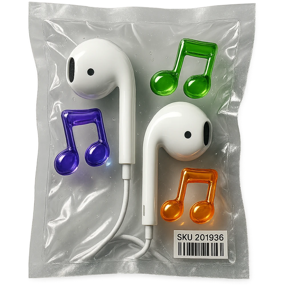 white EarPods headphones with three distinct colorful glassy music notes floating nearby, shiny and inflated emoji