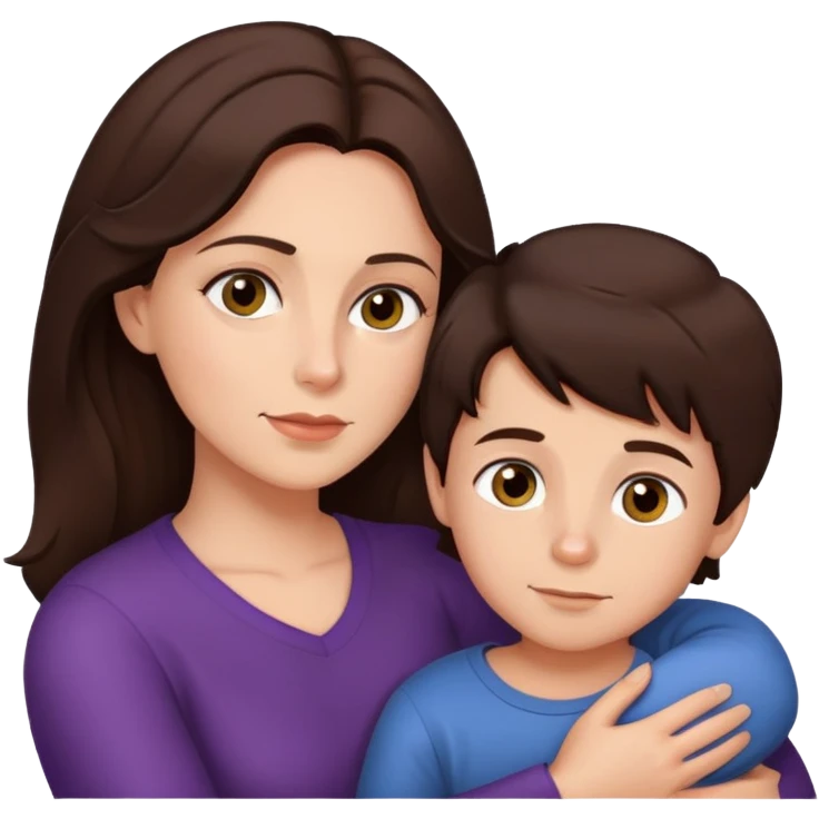 Mother with brunette hair & hazel eyes cuddling her son with dark brunette hair and dark chocolate eyes  emoji