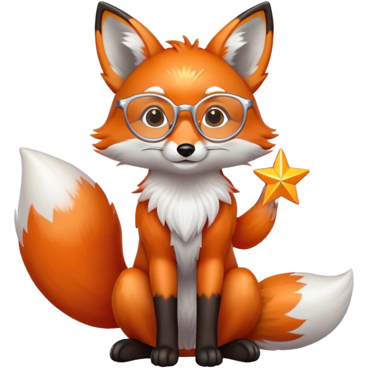 A kind fox with shimmering fur, a glowing tail, a silver star on its forehead, and round glasses, sitting with its front paws together in a thankful gesture emoji