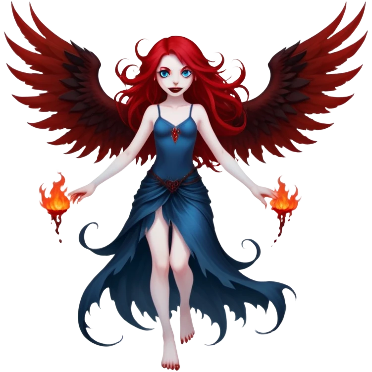 full body portrait of an extremely diabolical girl with pale white skin, massive towering wings, very long flowing blood red hair, glowing blue eyes, evil grin, no accessories, with swirling red and black smog/smoke at the bottom of her feet emoji