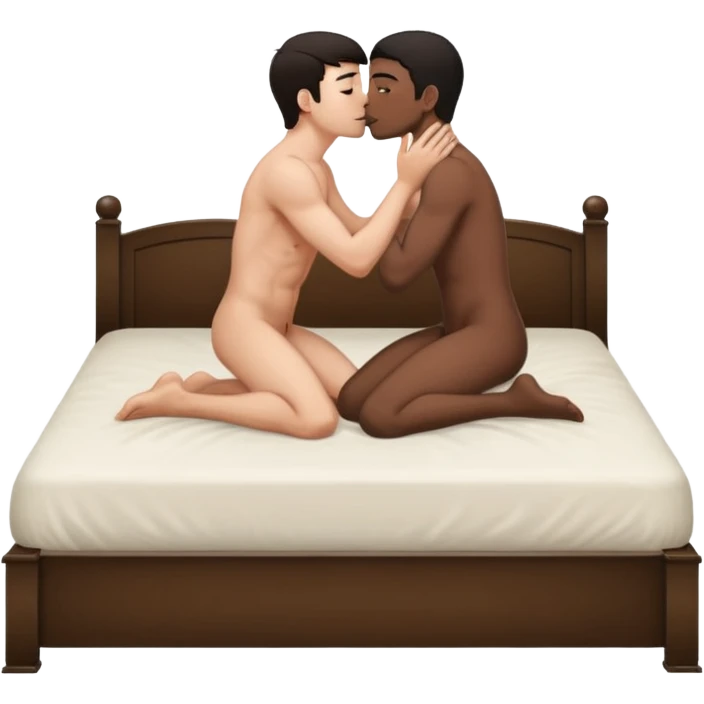 White dark hair adult male tongue kissing black adult male full view body naked touching penis on bed emoji