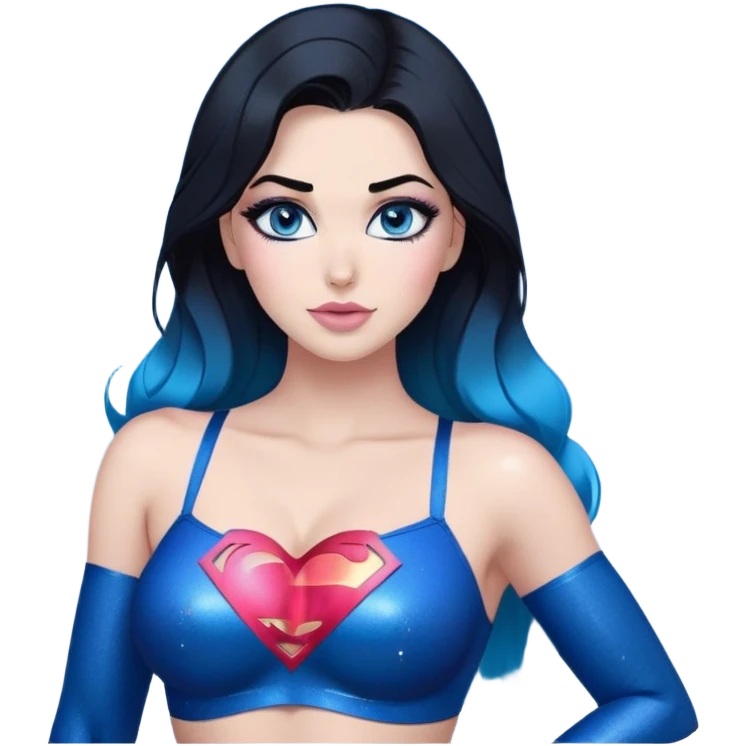 show full body-very very large chest-hands making heart emoji-tall-stunning beautiful face-black leggings-hands making heart emoji-light pink lips-very long straight-dark-black to blue ombre hair-and-blue-eyes-thick-black-eyeliner-thick-long-eyelashes-sky blue with glitter superman logo bra emoji