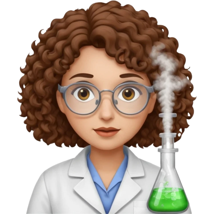 A crazy female scientist, with curly brown hair, brown eyes and grey glasses emoji