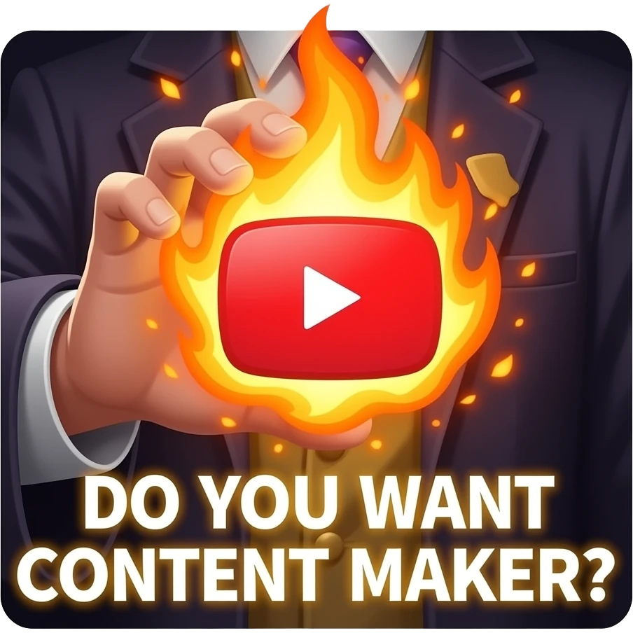 A wizard’s hand holding a glowing, looking at viewer, magical YouTube logo like a fire spell. glowing white text on the bellow: "DO YOU WANT CONTENT MAKER?" High fantasy, mystical particles, clean, sticker style emoji