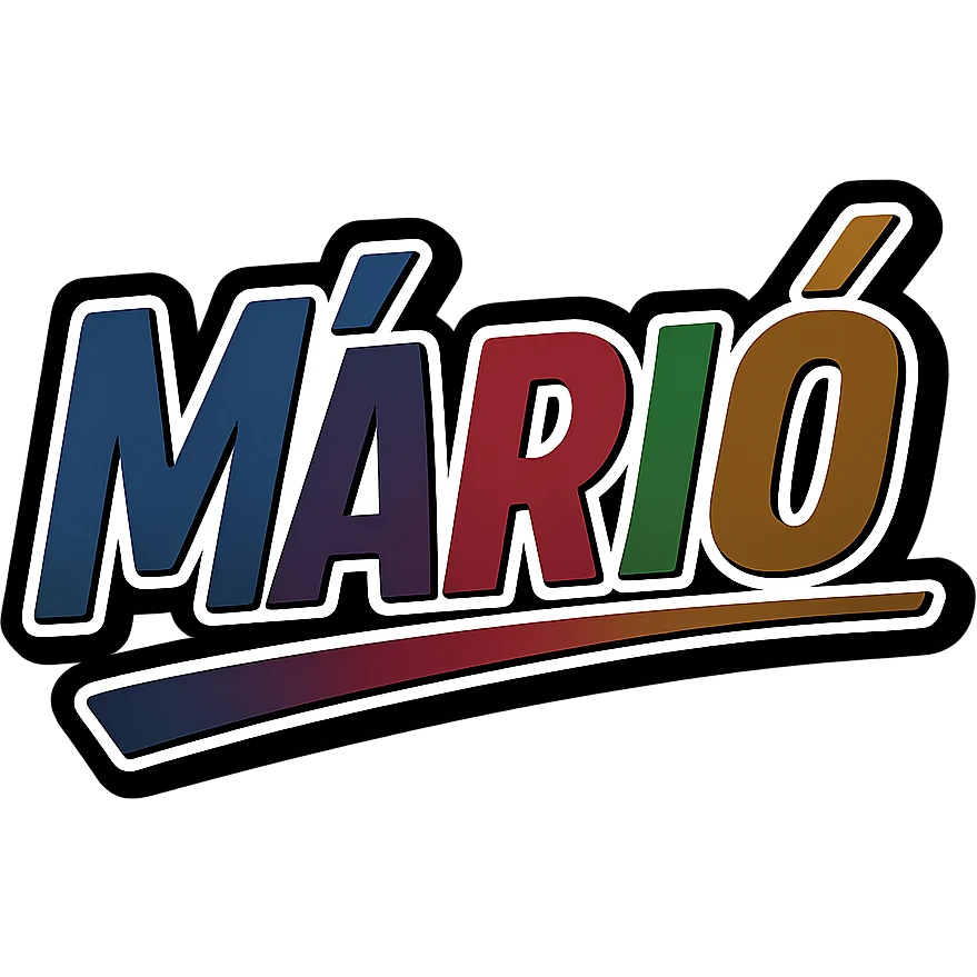The name 'Márió' in a masculine, modern font with gradient colors including blue, gray, burgundy, green, and brown. The text uses precise Hungarian characters, has a dark outline, extra thick and prominent white letter border, and a dynamic slanted underline. Image size 1000x1000 px, PNG format, transparent background. emoji