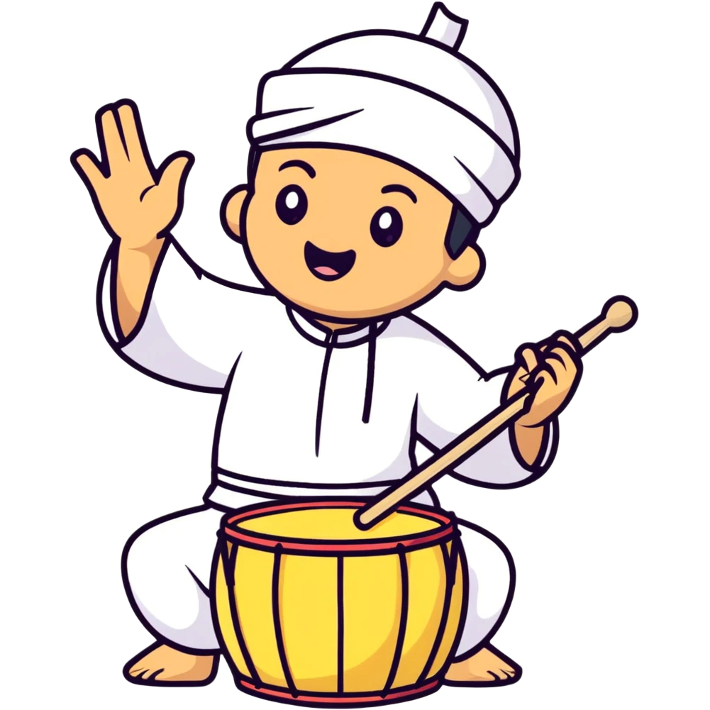 person beating a drum and chanting 'tung tung tung sahur' in a festive Ramadan night setting emoji