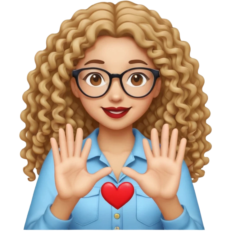 Light skin girl with long curly hair and glasses winking doing heart hands  emoji