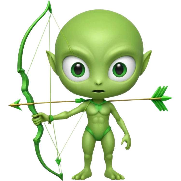 3D emoji-style green alien holding a bow and arrow, glossy texture, smooth skin, large expressive eyes, small humanoid body, minimalist background, soft lighting, Pixar-style rendering, high detail, cute but slightly serious expression, clean centered composition emoji
