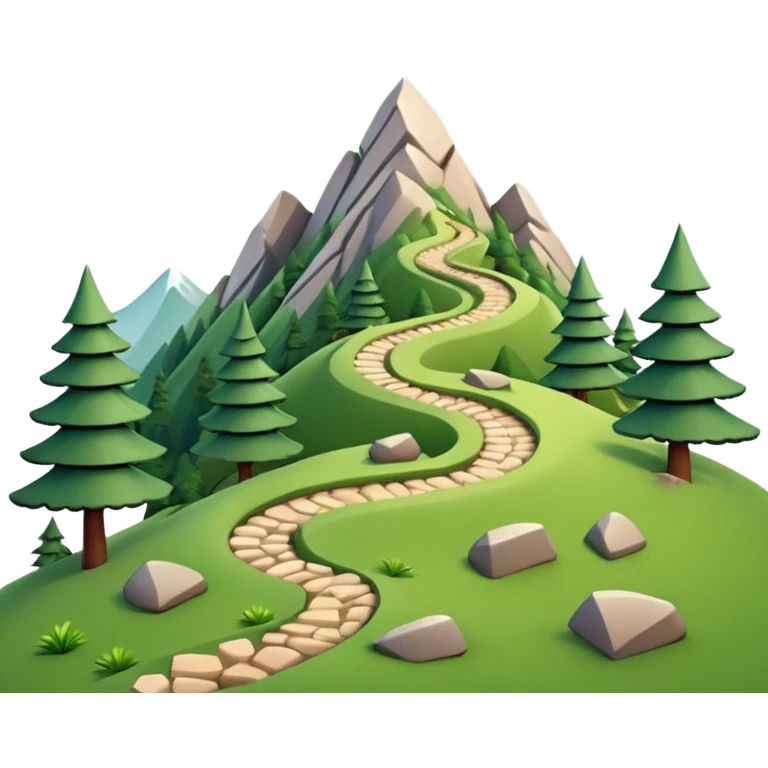 A 3D cartoon mountain trail winding up green slopes with stones and pine trees, distant peaks in background, warm daylight, Memoji-style. emoji