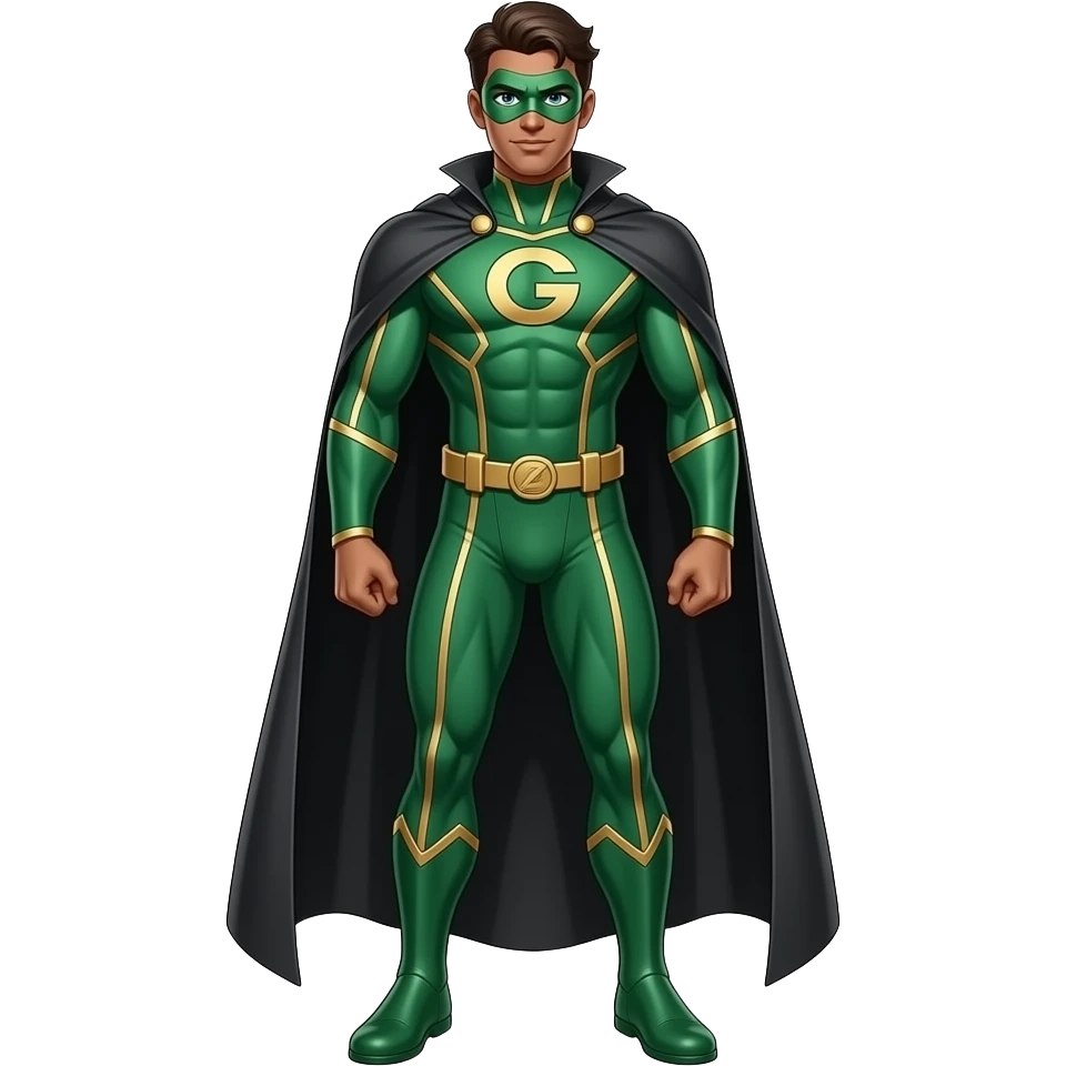 Anime men superhero suite brown skin green and gold lines long black cape and green face mask and letters G on the suite very tall full emoji