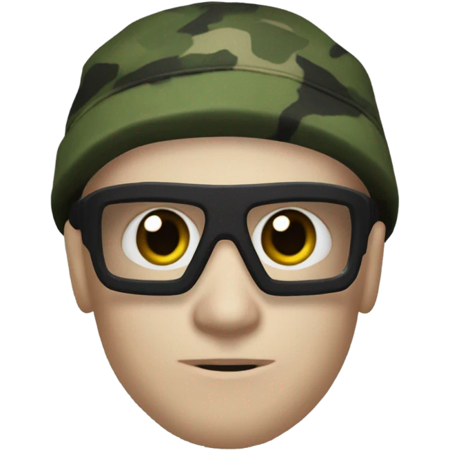 white male, pale skin, call of duty dark mask, green camo tactical gear, combat boots, black beanie, hazel eyes emoji
