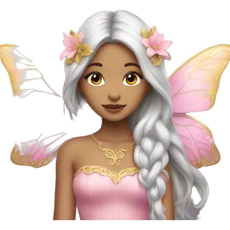 Beautiful, flower, fairy, pink, gold, silver, long hair, butterfly wings emoji