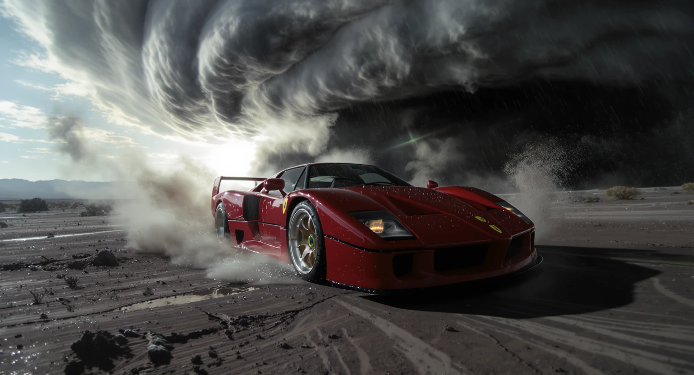 Cinematic still of a ferrari f40 around tornado od arizona desert, sun flare, big earth in background, captured by gopro hero with effect fisheye, water drops on car body, detailed emoji