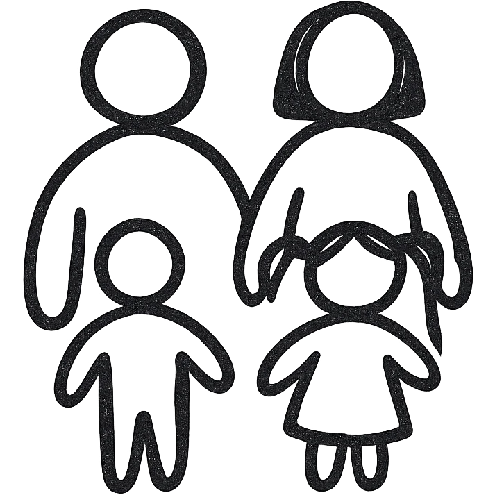family icon with two parents and two children, hand-drawn outline, casual and approachable emoji