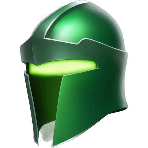 green helmet knight whit lightninh eyes, face all covered, 3/4 position, evil emoji