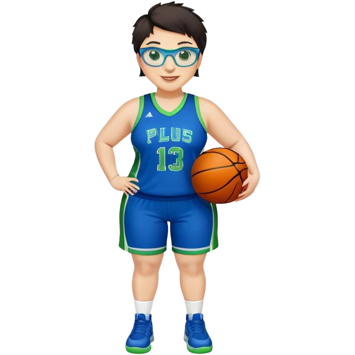 Full Body plus size white female basketball player with short dark hair with highlights spike hair wearing blue glasses  wearing blue green uniform smiling emoji