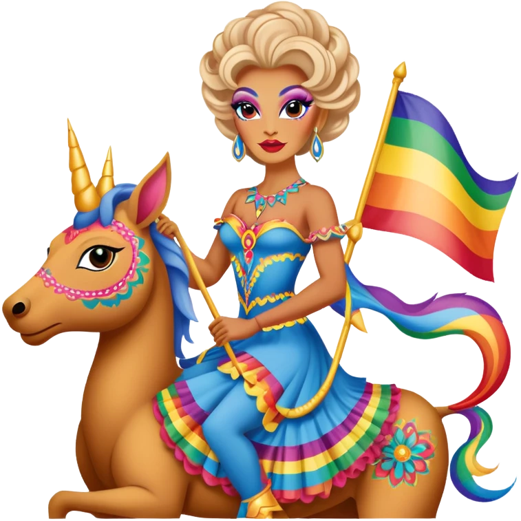 drag queen riding a whimsical alebrije, LGBTQ flag emoji