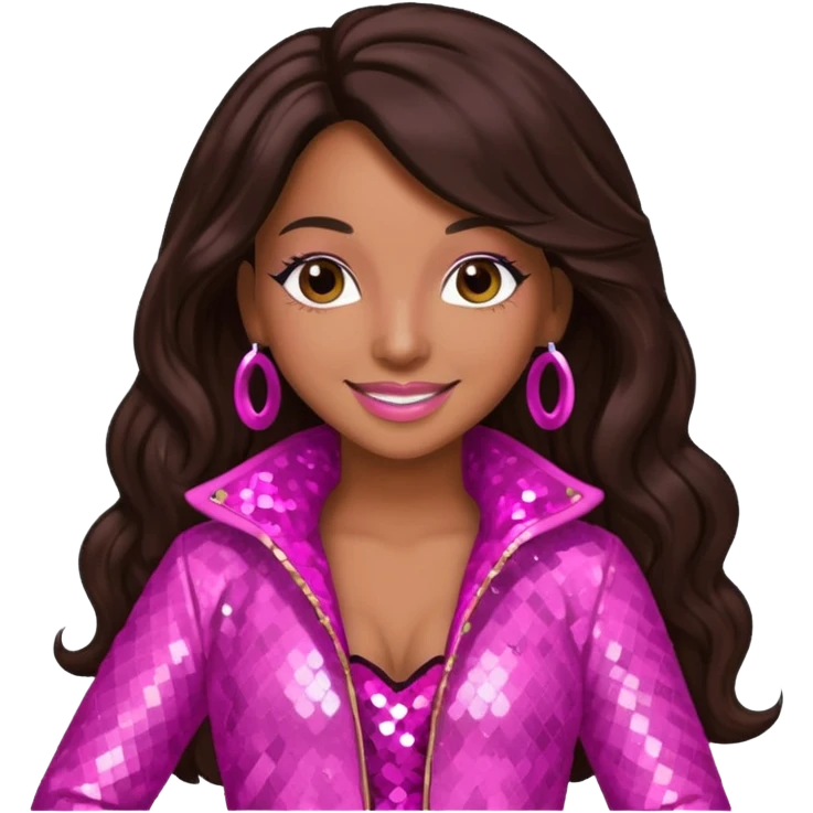 Mya, R&B Singer with dark brown long hair, pink sequin outfit emoji