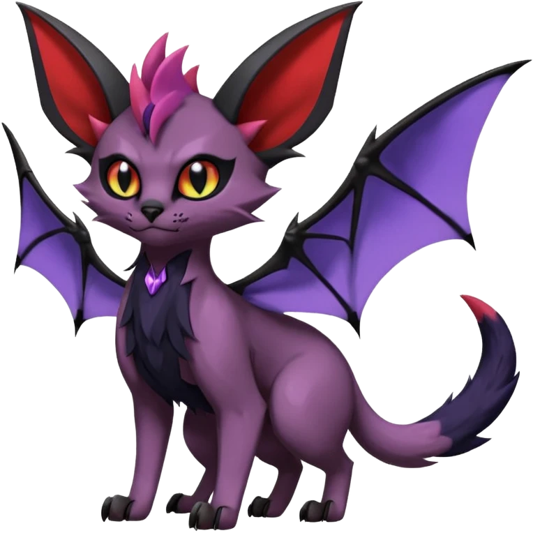 Black edgy Noivern-Noibat-Purloin-Torracat-Lykoi-Caracal-cat-Fakemon-fusion-hybrid-creature with with tufted ears, tufted tail, bat wings as ears, head wings, ear wings, vampiric, batty, violet and red scale markings emoji
