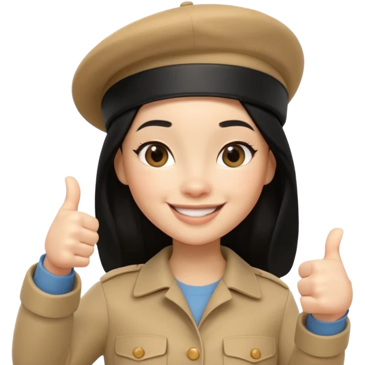 3D cartoon female character giving thumbs up, wearing beige beret, long black hair, smiling warmly with confident expression, clean white background, Pixar-style lighting, cute and friendly iPhone memoji aesthetic, high quality soft shading, centered composition emoji