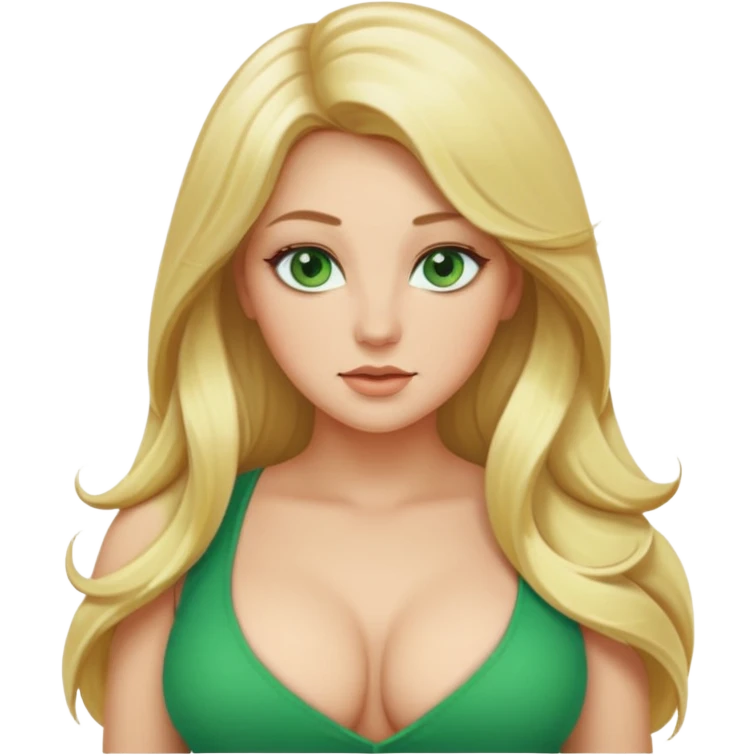Curvy, blonde long hair, sfw intimate pose, green eyes emoji