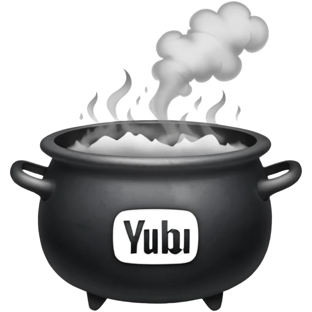 A black cauldron with lot of smoke rising, and the white YouTube play button logo floating above the smoke emoji