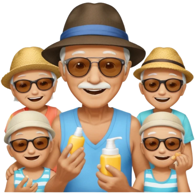 Old man on island with lotion and kids emoji
