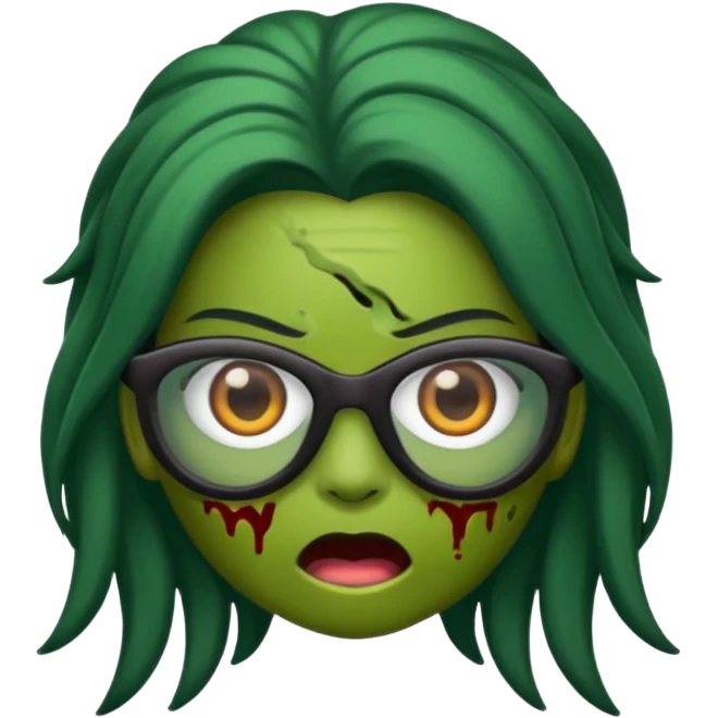 crie um emoji de zumbi feminino, com pele verde, óculos preto e cabelo longo preto emoji