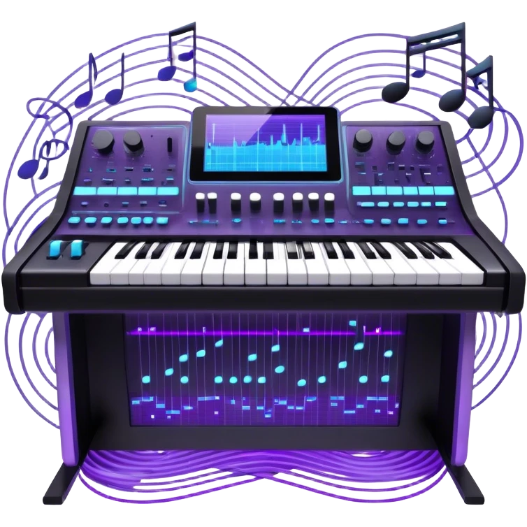 Create a professional and artistic emoji that represents sound design. The design should feature essential sound design equipment, including a high-end Korg synthesizer, a sound mixing console with visible wires, large studio speakers, and a microphone. Surround the equipment with flowing, abstract sound waves and musical notes to symbolize the fluid, creative nature of sound design. Add subtle effects like glowing sound frequencies or swirling patterns to represent the dynamic manipulation of sound. Use sleek, modern colors like black, silver, neon blue, and purple to evoke a sense of innovation and artistic exploration. The background should be transparent. emoji